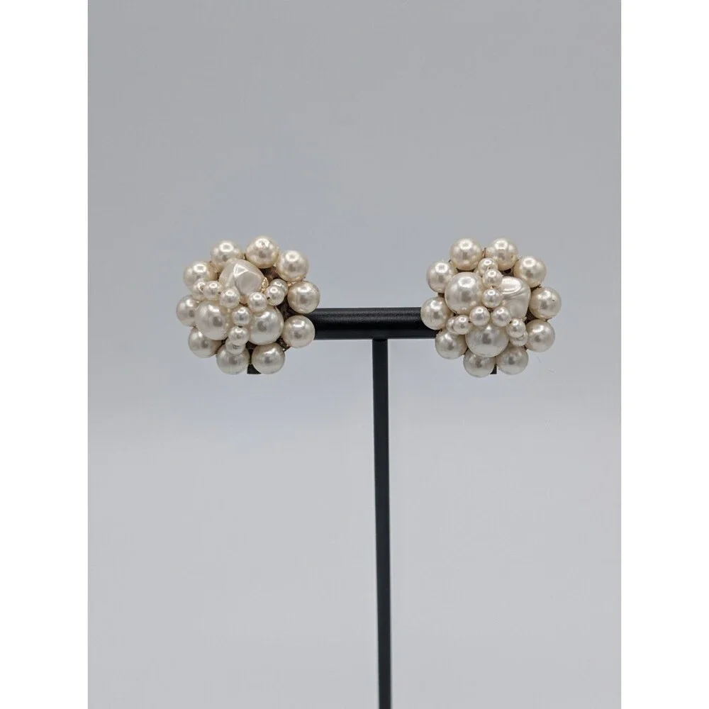 Vintage Faux Pearl Cluster Clip Earrings Brass Gold Tone MCM 1950s Japan Estate